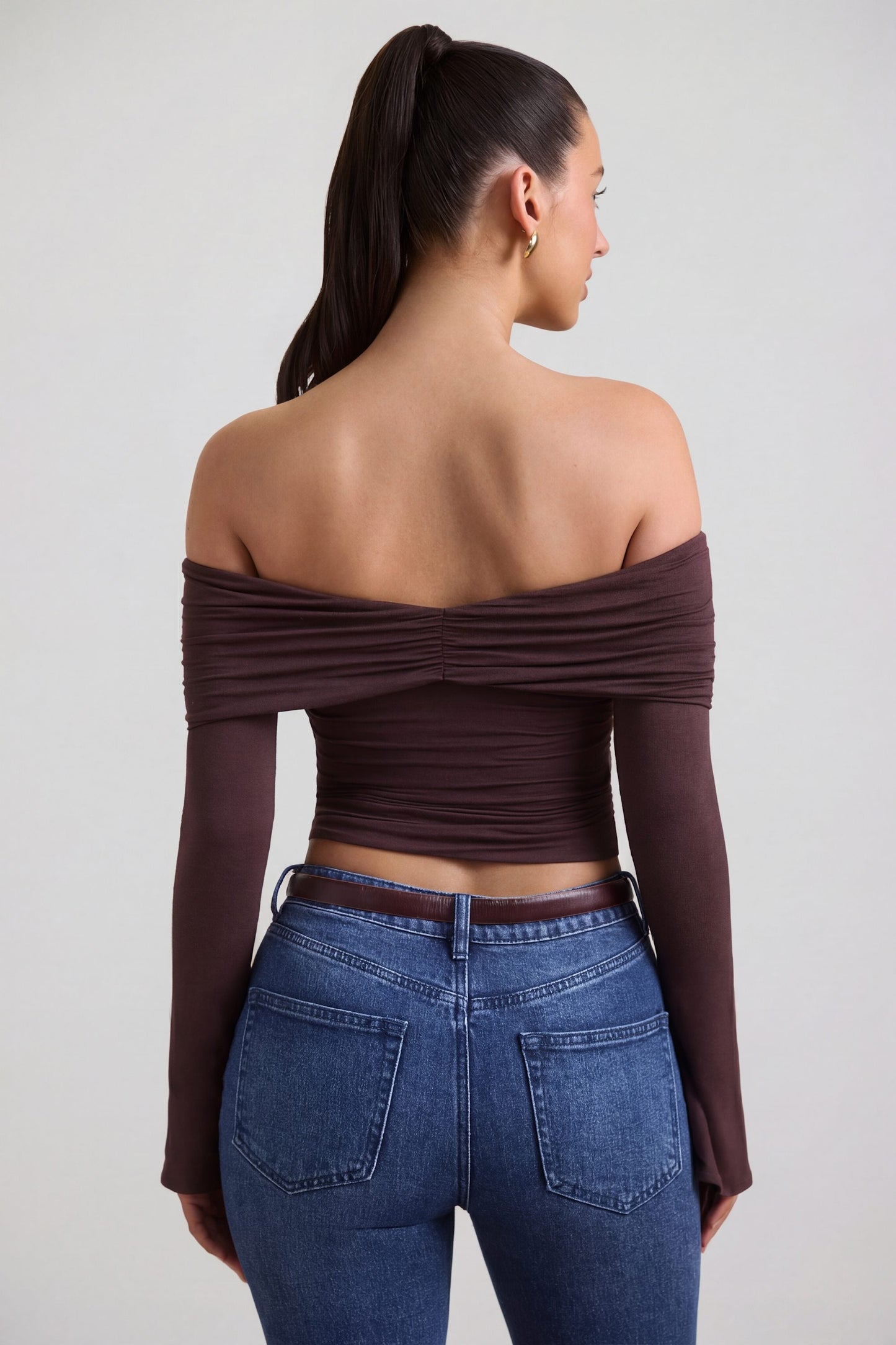 Modal-Cashmere Blend Off-Shoulder Ruched Top in Espresso